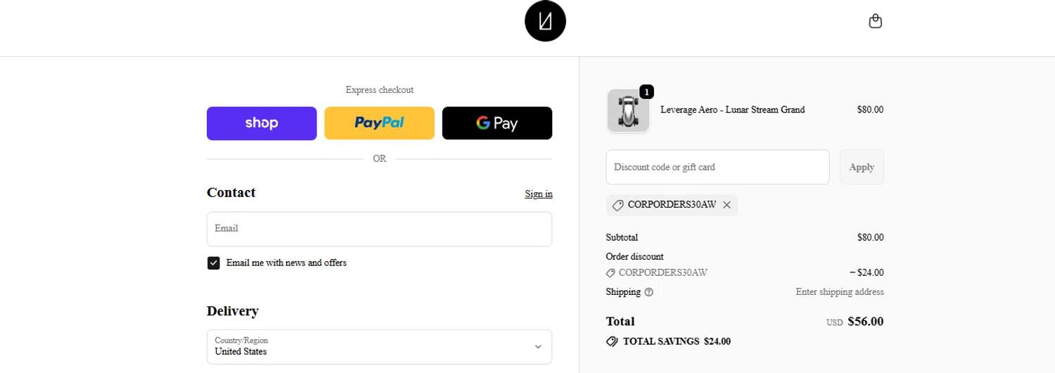 Lunar Artefacts promo code screenshot showing code CORPORDERS30AW applied at Lunar Artefacts checkout page. Uploaded by SimplyCodes community member ashe1986 on Nov 28, 2025