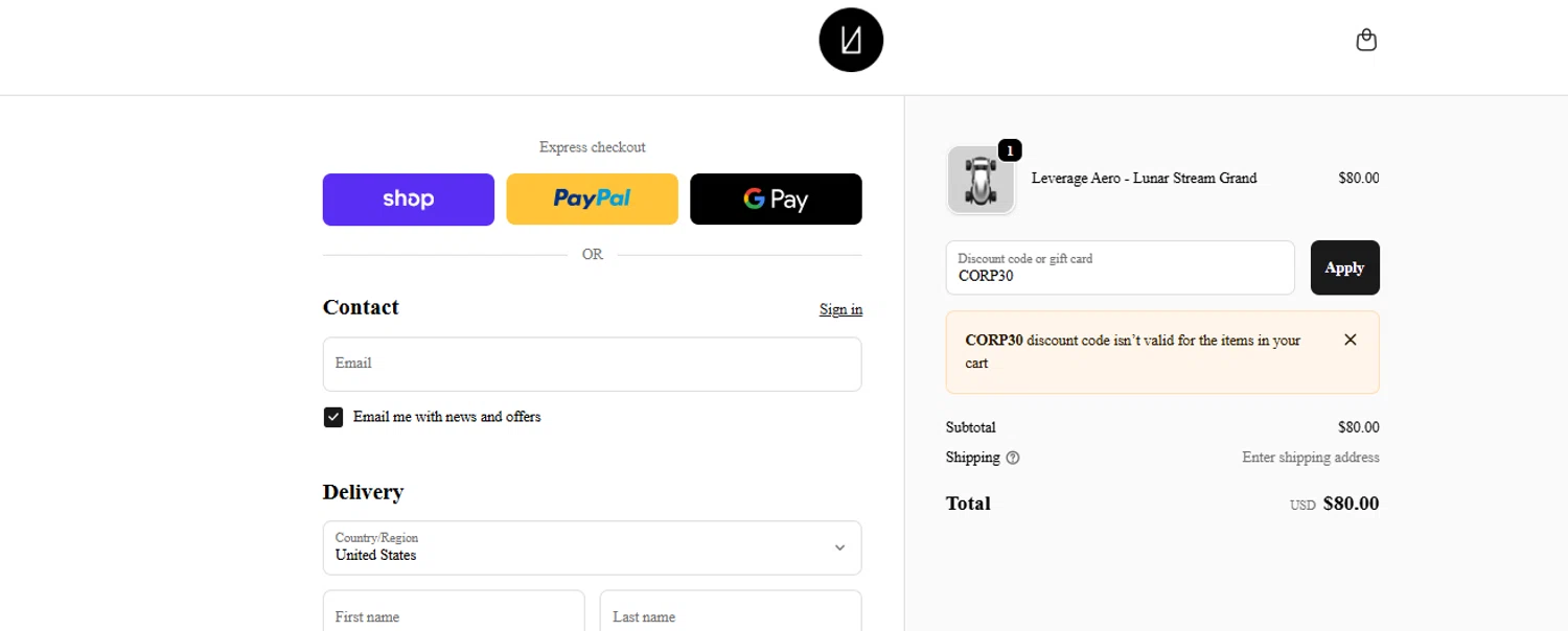 Lunar Artefacts promo code screenshot showing code CORP30 applied at Lunar Artefacts checkout page. Uploaded by SimplyCodes community member ashe1986 on Nov 28, 2025