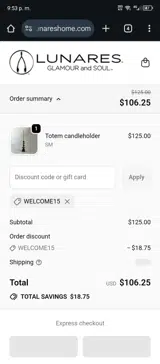 WELCOME15 coupon verification screenshot