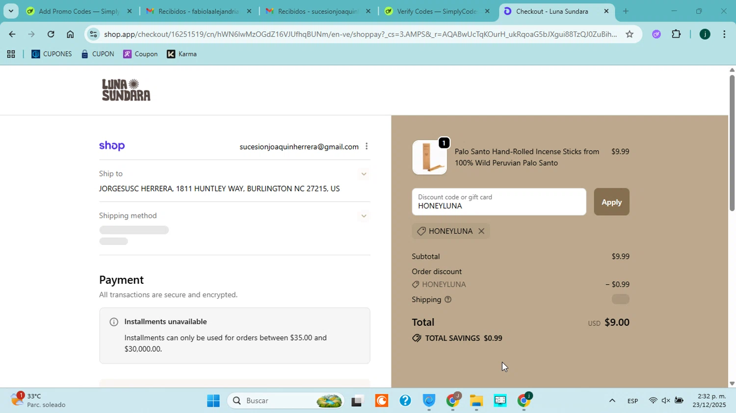 Luna Sundara promo code screenshot showing code HONEYLUNA applied at Luna Sundara checkout page. Uploaded by SimplyCodes community member ABHF23 on Dec 23, 2025