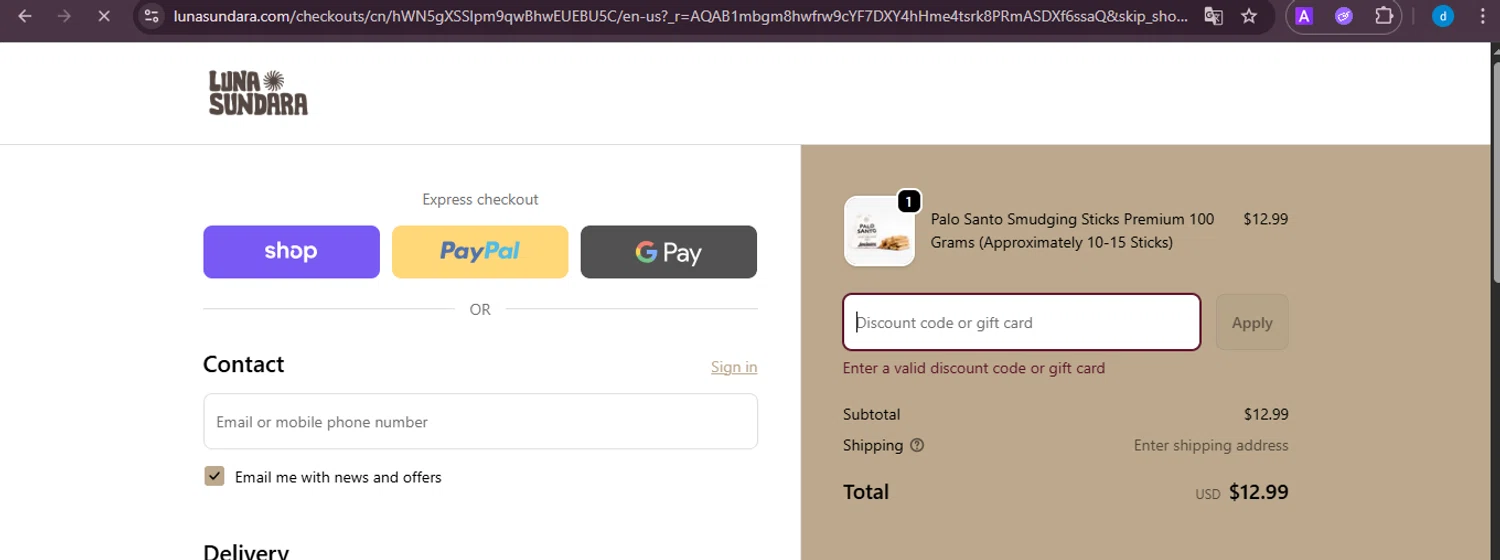Luna Sundara promo code screenshot showing code TCC10 applied at Luna Sundara checkout page. Uploaded by SimplyCodes community member ShieldKnight4744 on Nov 25, 2025