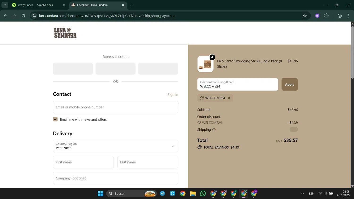 Luna Sundara promo code screenshot showing code WELCOME24 applied at Luna Sundara checkout page. Uploaded by SimplyCodes community member LuckyElite8069 on Oct 7, 2025