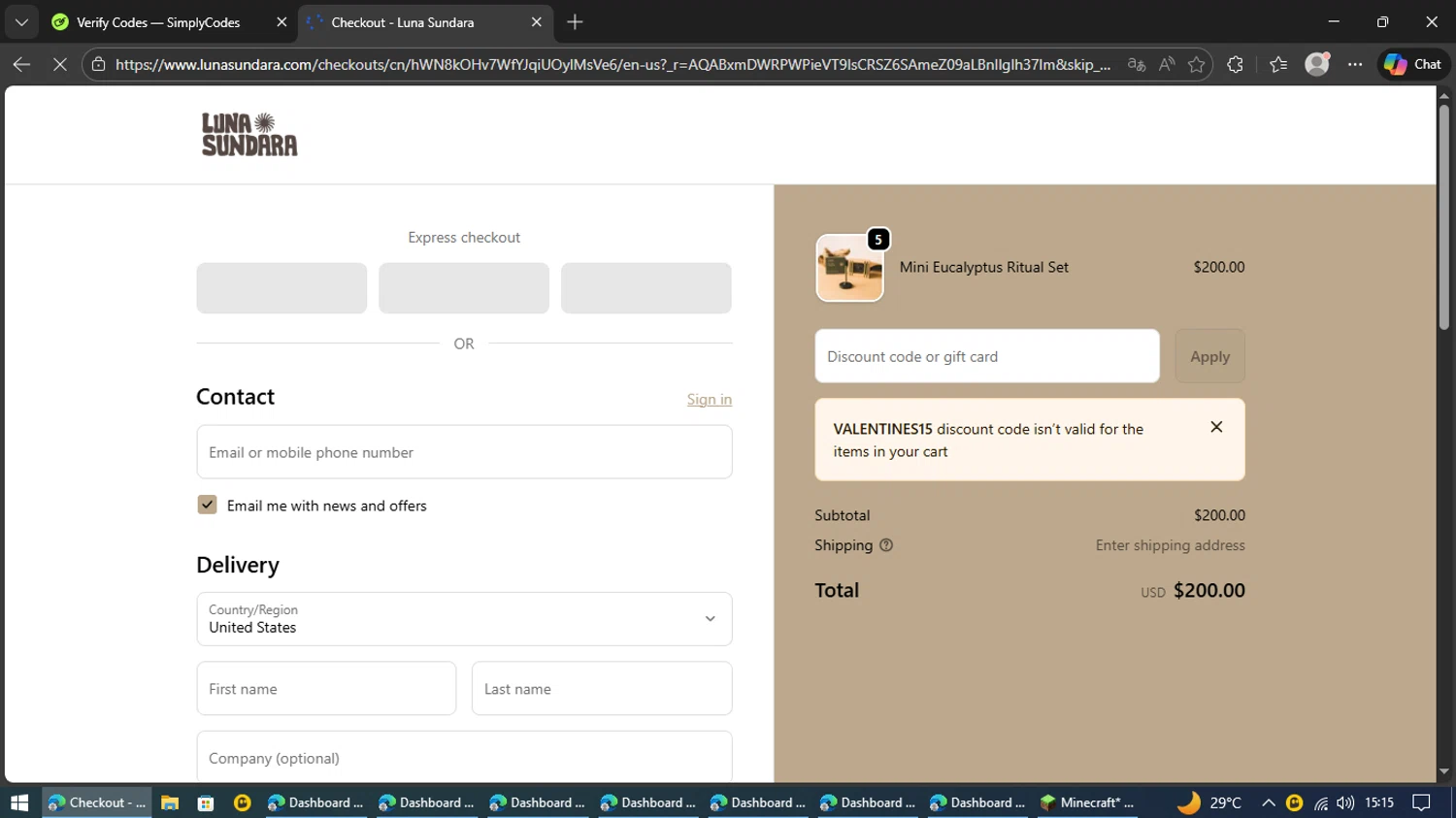 Luna Sundara promo code screenshot showing code VALENTINES15 applied at Luna Sundara checkout page. Uploaded by SimplyCodes community member Kaizen on Feb 13, 2026