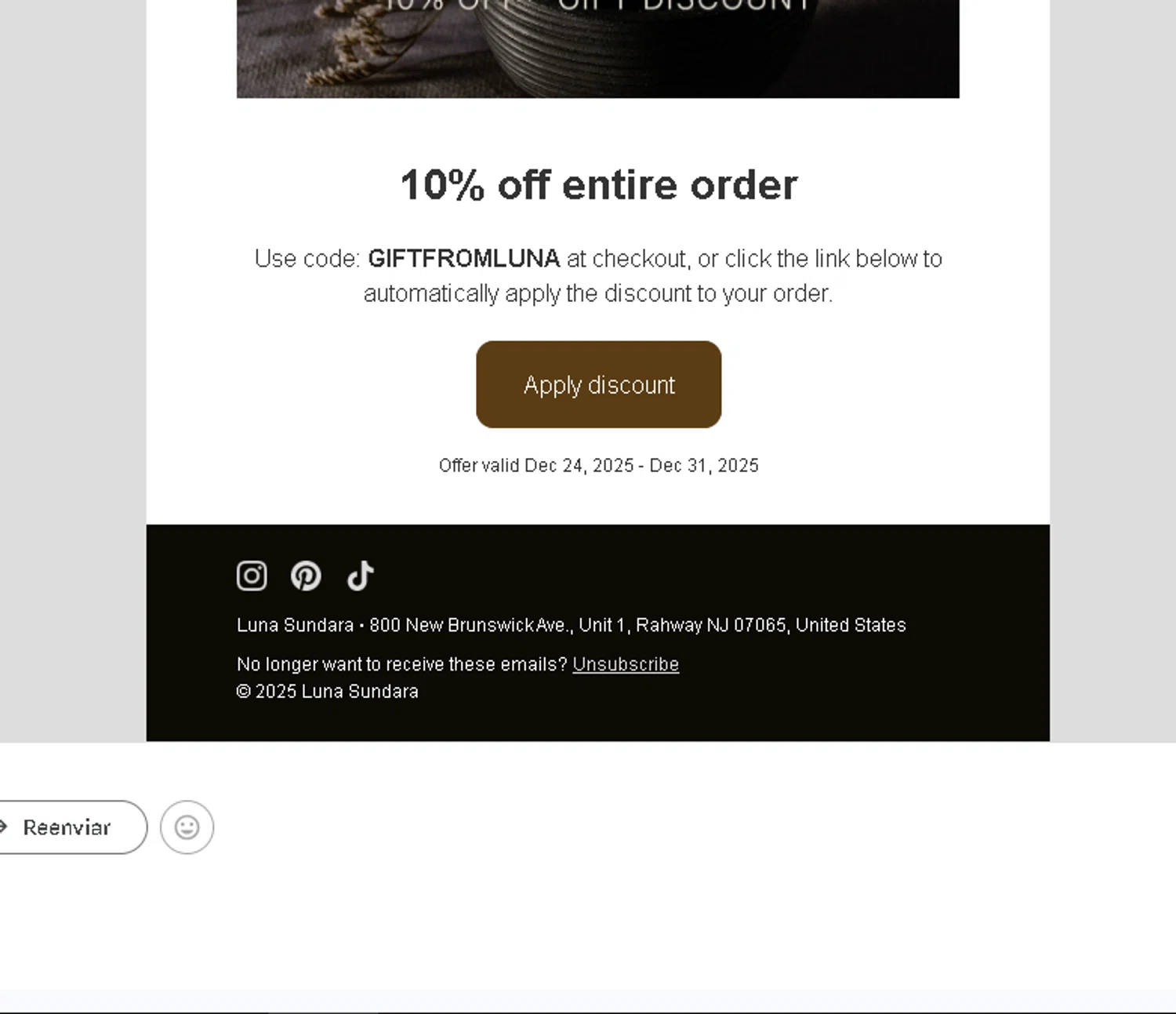 Luna Sundara promo code screenshot showing code GIFTFROMLUNA applied at Luna Sundara checkout page. Uploaded by SimplyCodes community member Logoteam on Dec 24, 2025