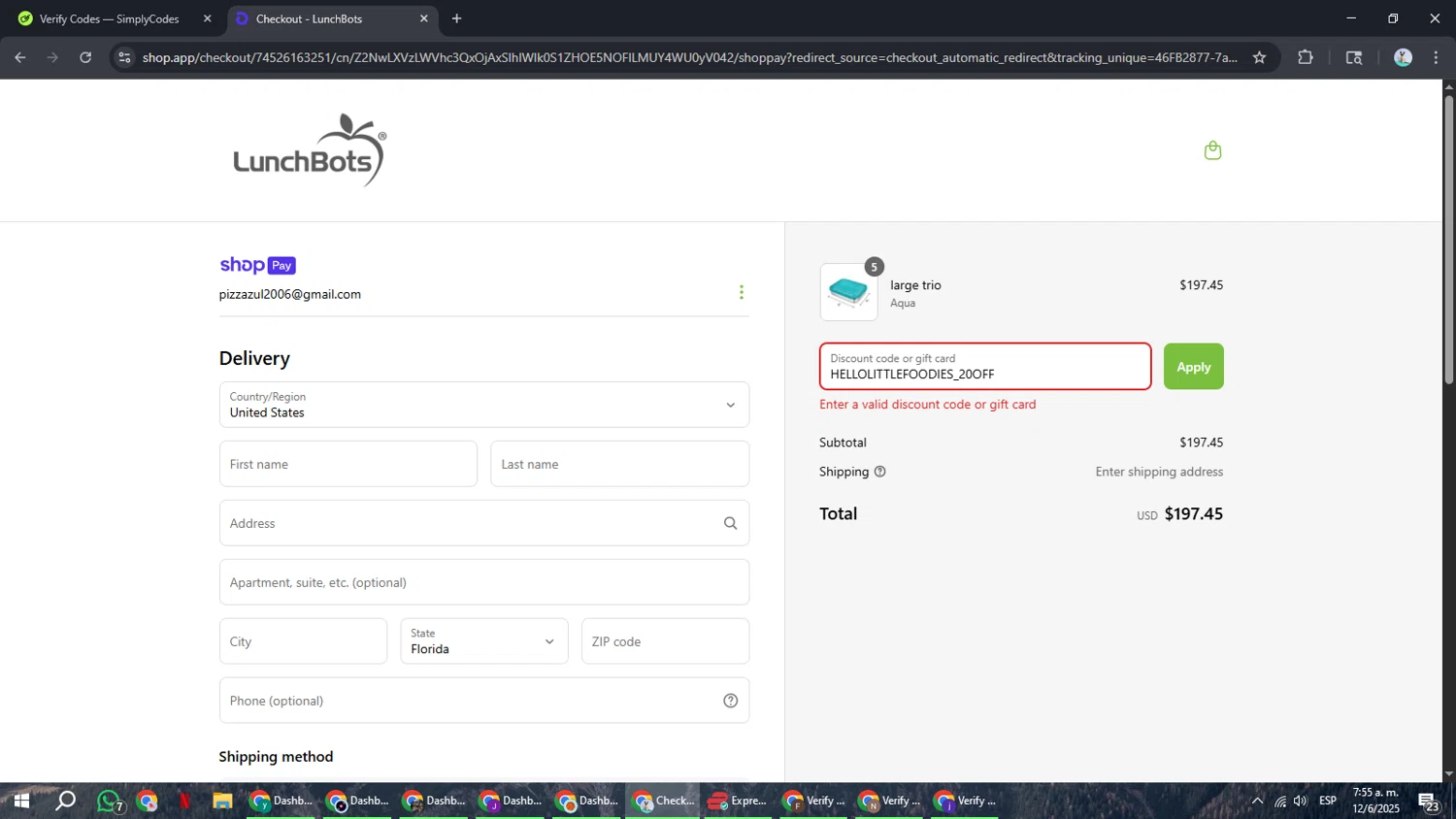 LunchBots promo code screenshot showing code HELLOLITTLEFOODIES_20OFF applied at LunchBots checkout page. Uploaded by SimplyCodes community member ShrewdSeeker6165 on Jun 12, 2025