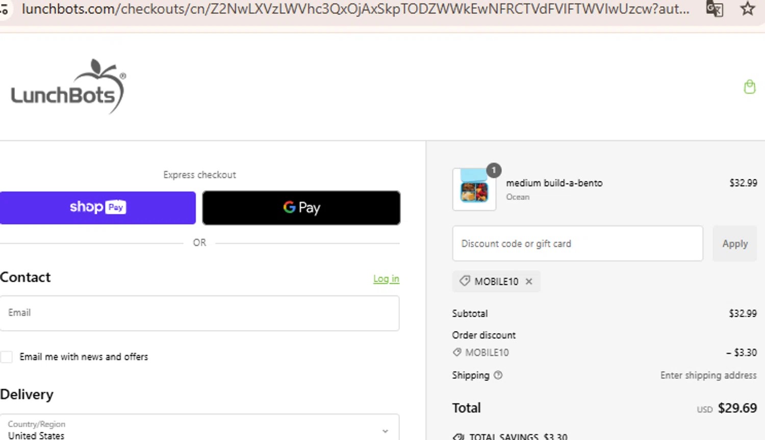 LunchBots promo code screenshot showing code MOBILE10 applied at LunchBots checkout page. Uploaded by SimplyCodes community member BudgetLion5814 on Jan 29, 2025