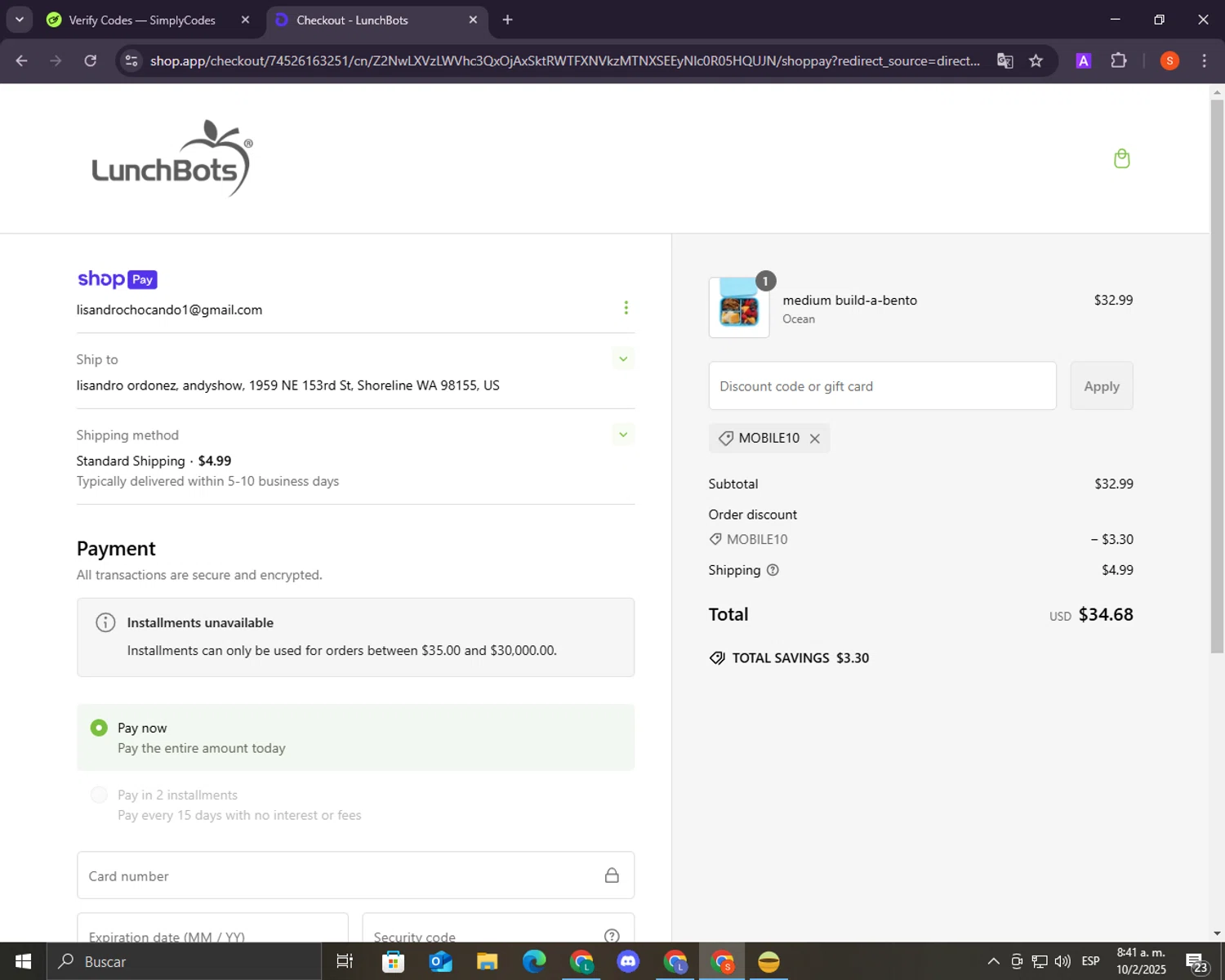 LunchBots promo code screenshot showing code MOBILE10 applied at LunchBots checkout page. Uploaded by SimplyCodes community member lacrita_pirueta on Feb 10, 2025