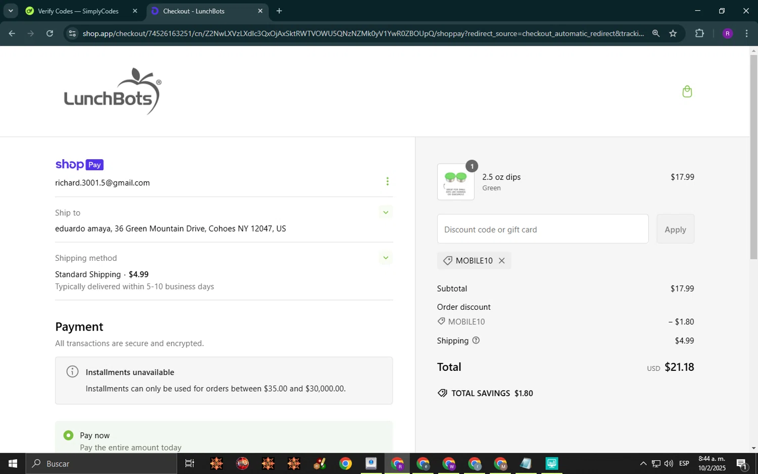 LunchBots promo code screenshot showing code MOBILE10 applied at LunchBots checkout page. Uploaded by SimplyCodes community member richardromero on Feb 10, 2025