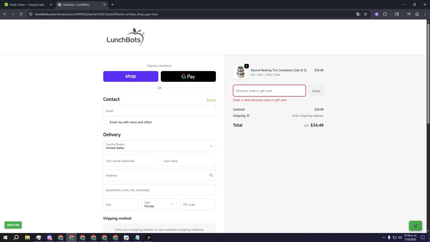 LunchBots promo code screenshot showing code LUNCH20 applied at LunchBots checkout page. Uploaded by SimplyCodes community member aaaaaaaaaaaaaaaa on Oct 7, 2025