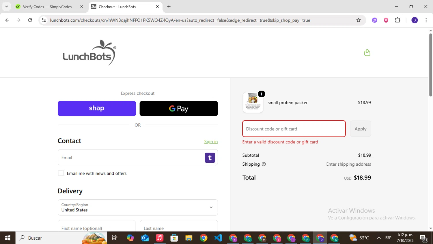 LunchBots promo code screenshot showing code LUNCH20 applied at LunchBots checkout page. Uploaded by SimplyCodes community member PrimeNavigator3251 on Oct 7, 2025