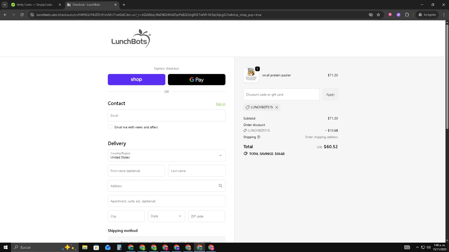 LunchBots promo code screenshot showing code LUNCHBOTS15 applied at LunchBots checkout page. Uploaded by SimplyCodes community member AVATIGRITO on Nov 15, 2025