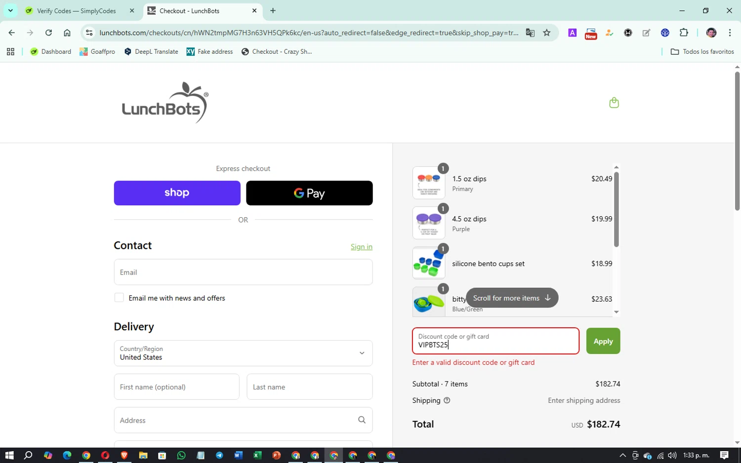 LunchBots promo code screenshot showing code VIPBTS25 applied at LunchBots checkout page. Uploaded by SimplyCodes community member Oklahoma_City on Sep 12, 2025