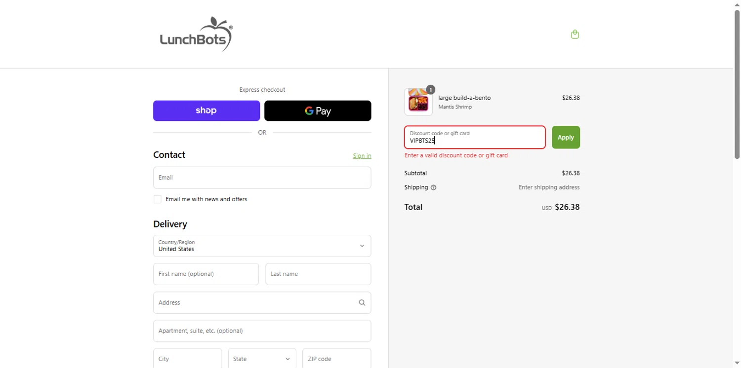 LunchBots promo code screenshot showing code VIPBTS25 applied at LunchBots checkout page. Uploaded by SimplyCodes community member renegul on Sep 12, 2025