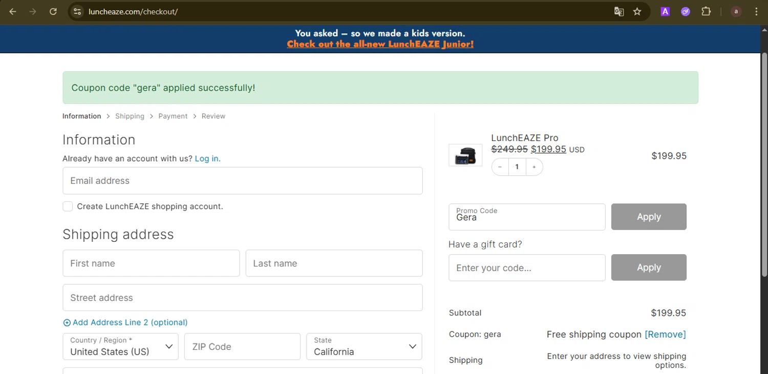 LunchEAZE checkout page showing LunchEAZE coupon code box | Screenshot taken by SimplyCodes community member on Dec 9, 2025