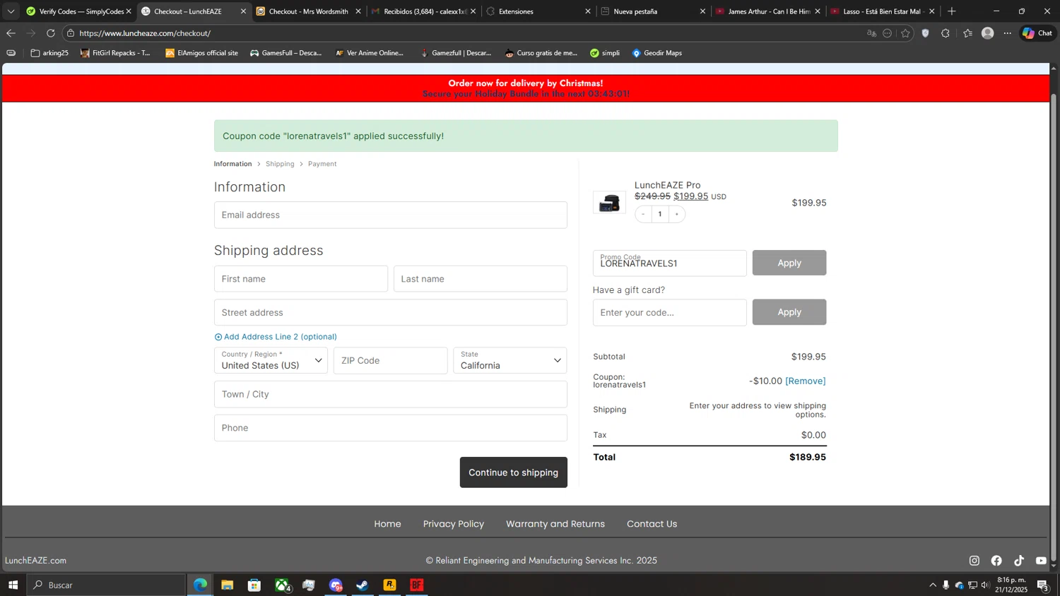 LunchEAZE coupon code screenshot showing code LORENATRAVELS1 applied at LunchEAZE checkout page. Uploaded by SimplyCodes community member CoinLegend5168 on Dec 22, 2025