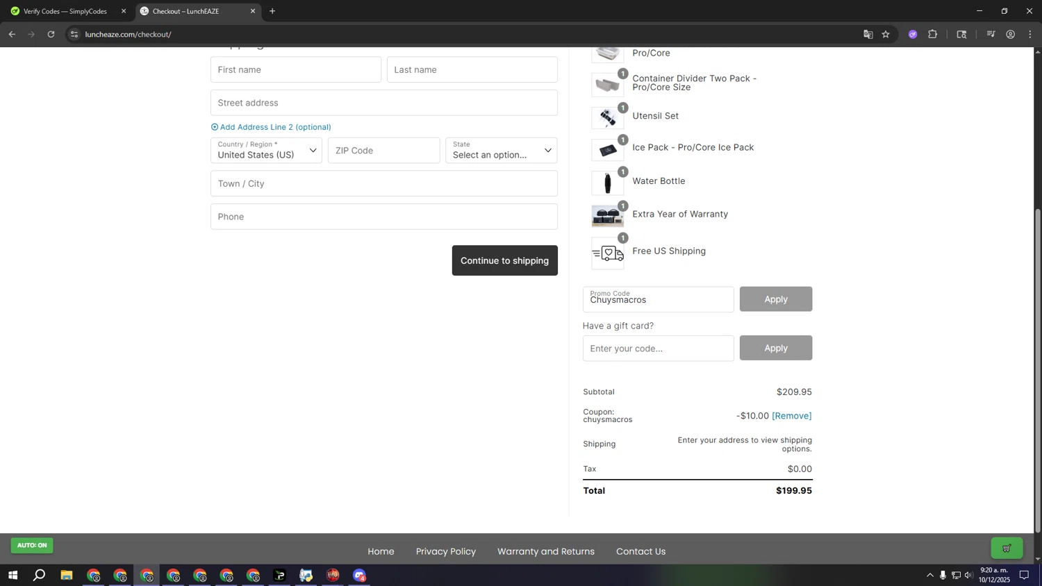 LunchEAZE coupon code screenshot showing code Chuysmacros applied at LunchEAZE checkout page. Uploaded by SimplyCodes community member lllllllllllllll on Dec 10, 2025