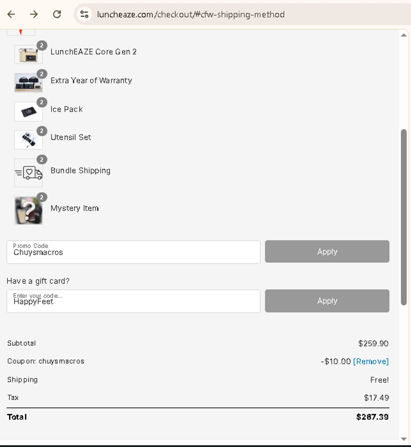 LunchEAZE coupon code screenshot showing code Chuysmacros applied at LunchEAZE checkout page. Uploaded by SimplyCodes community member AMANDA2681 on Nov 12, 2025