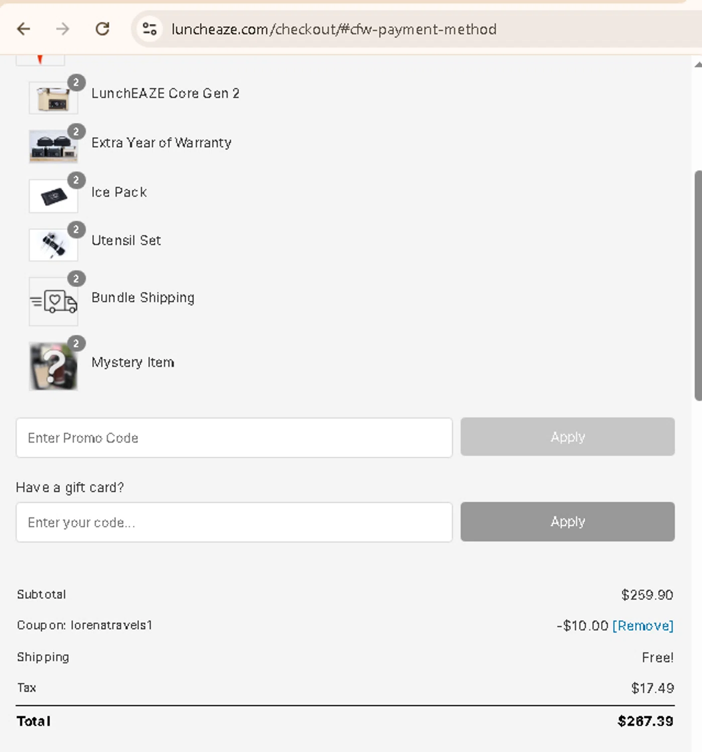 LunchEAZE coupon code screenshot showing code LORENATRAVELS1 applied at LunchEAZE checkout page. Uploaded by SimplyCodes community member AMANDA2681 on Nov 11, 2025