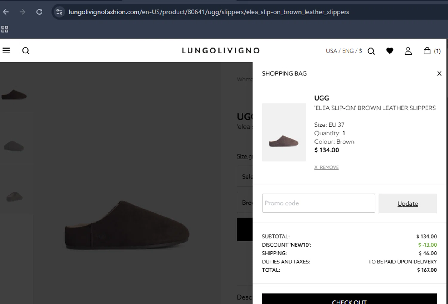 Lungolivigno Fashion promo code screenshot showing code NEW10 applied at Lungolivigno Fashion checkout page. Uploaded by SimplyCodes community member DiscountHero6788 on Oct 11, 2025