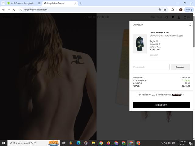 Lungolivigno Fashion checkout page showing Lungolivigno Fashion promo code box | Screenshot taken by SimplyCodes community member on Sep 3, 2025