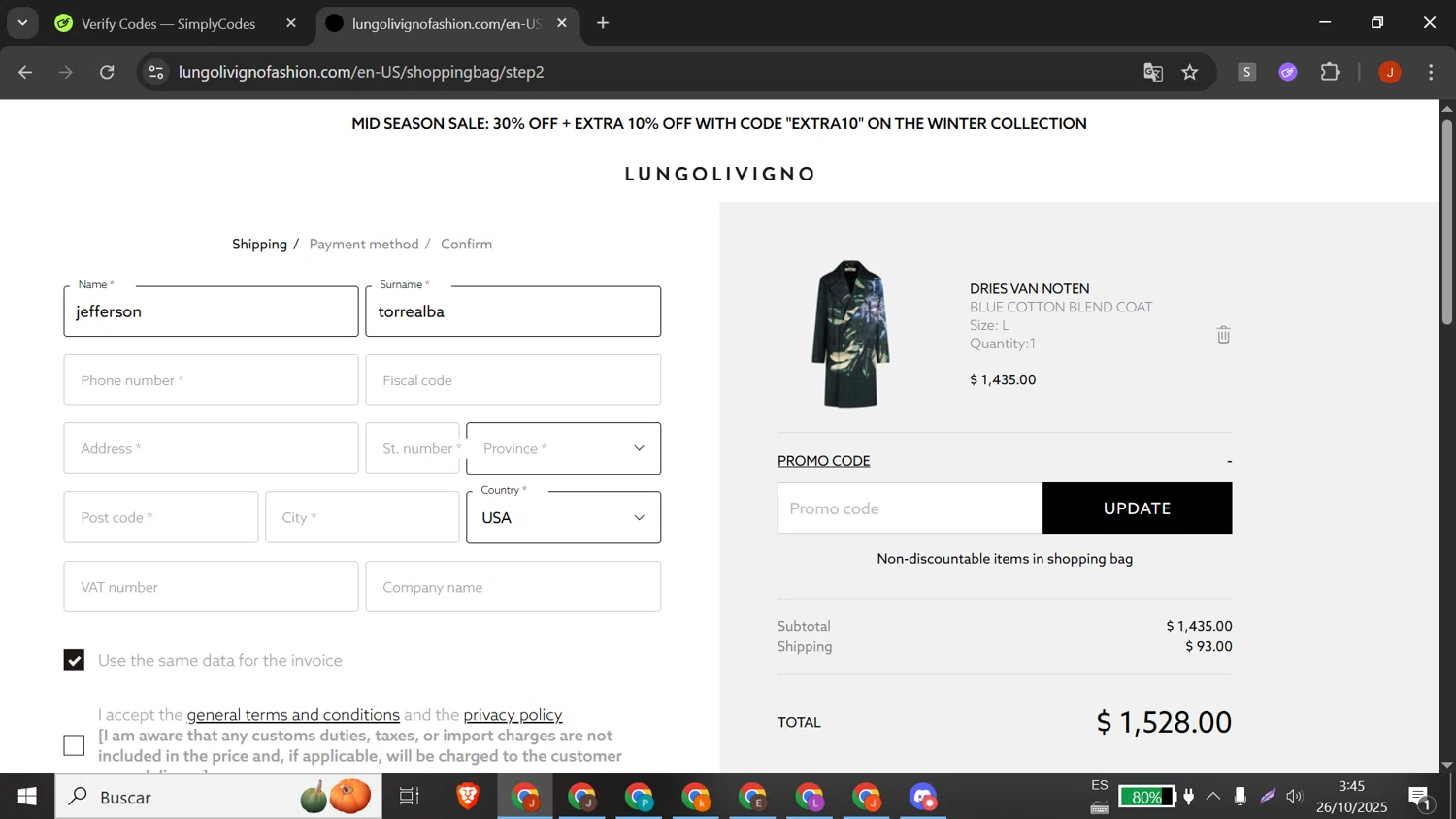 Lungolivigno Fashion promo code screenshot showing code NEW15 applied at Lungolivigno Fashion checkout page. Uploaded by SimplyCodes community member DORIANGEL on Oct 26, 2025