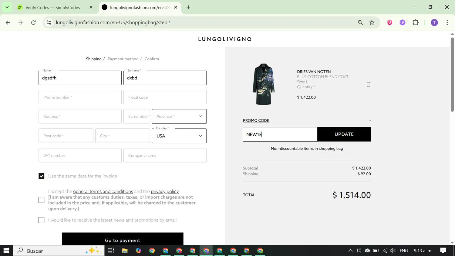 Lungolivigno Fashion promo code screenshot showing code NEW15 applied at Lungolivigno Fashion checkout page. Uploaded by SimplyCodes community member FortunateCurator5882 on Nov 4, 2025