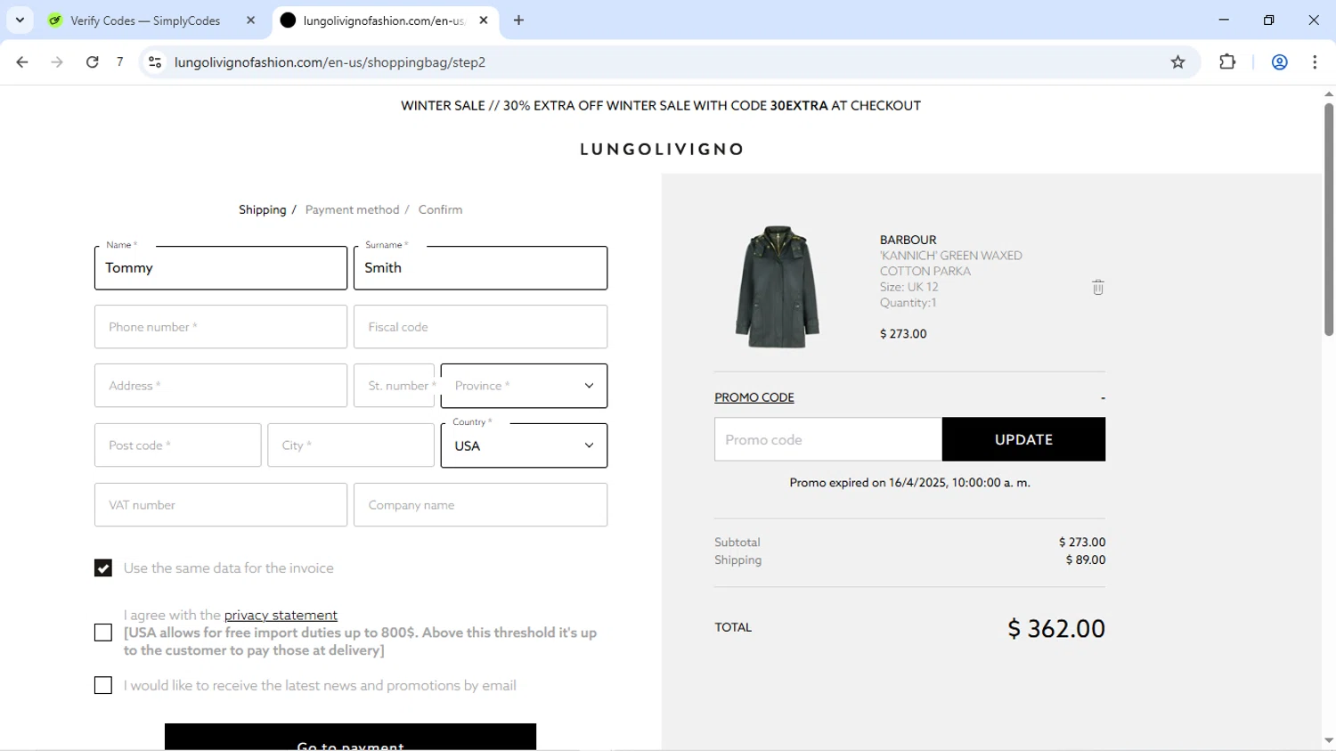 Lungolivigno Fashion promo code screenshot showing code EXTRA20 applied at Lungolivigno Fashion checkout page. Uploaded by SimplyCodes community member Dizlike on May 13, 2025