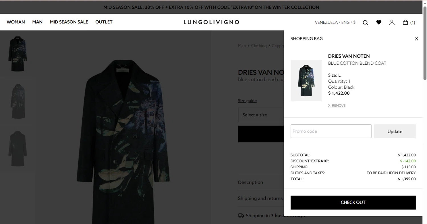 Lungolivigno Fashion promo code screenshot showing code EXTRA10 applied at Lungolivigno Fashion checkout page. Uploaded by SimplyCodes community member BonusDefender8823 on Nov 4, 2025