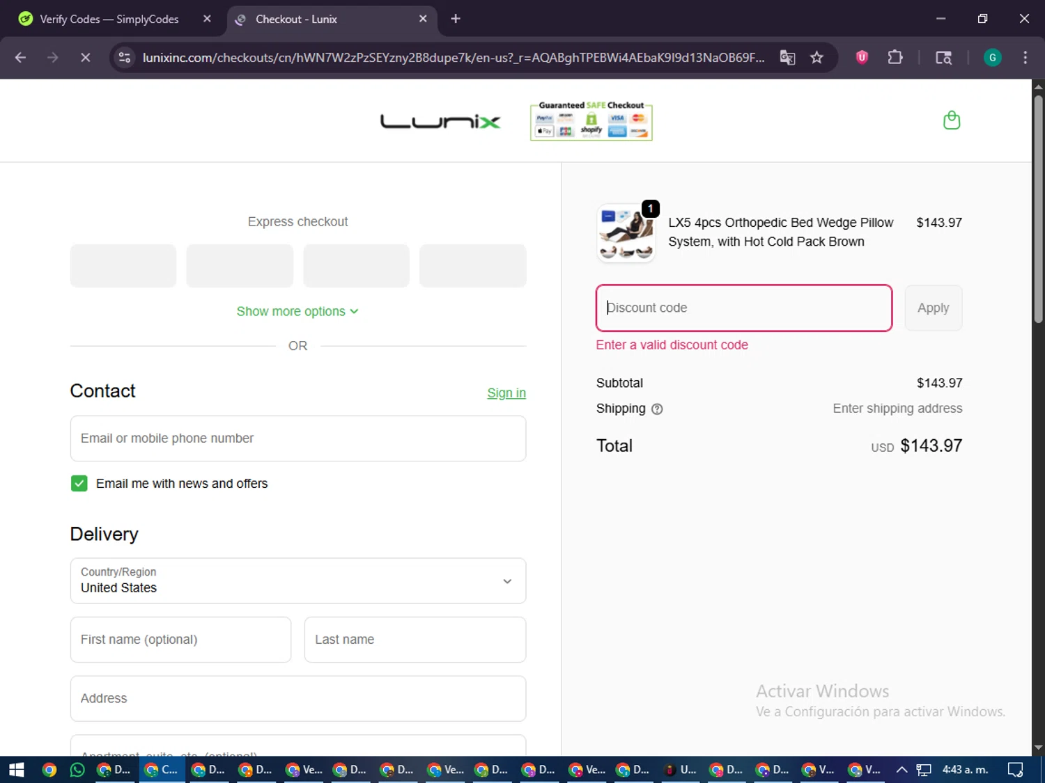Lunix discount code screenshot showing code LUNIXSPECIAL applied at Lunix checkout page. Uploaded by SimplyCodes community member PennyFinder5759 on Jan 12, 2026