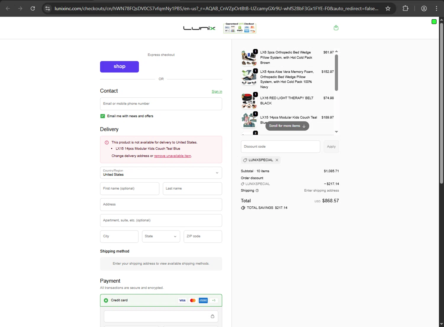 Lunix checkout page showing Lunix discount code box | Screenshot taken by SimplyCodes community member on Jan 2, 2026