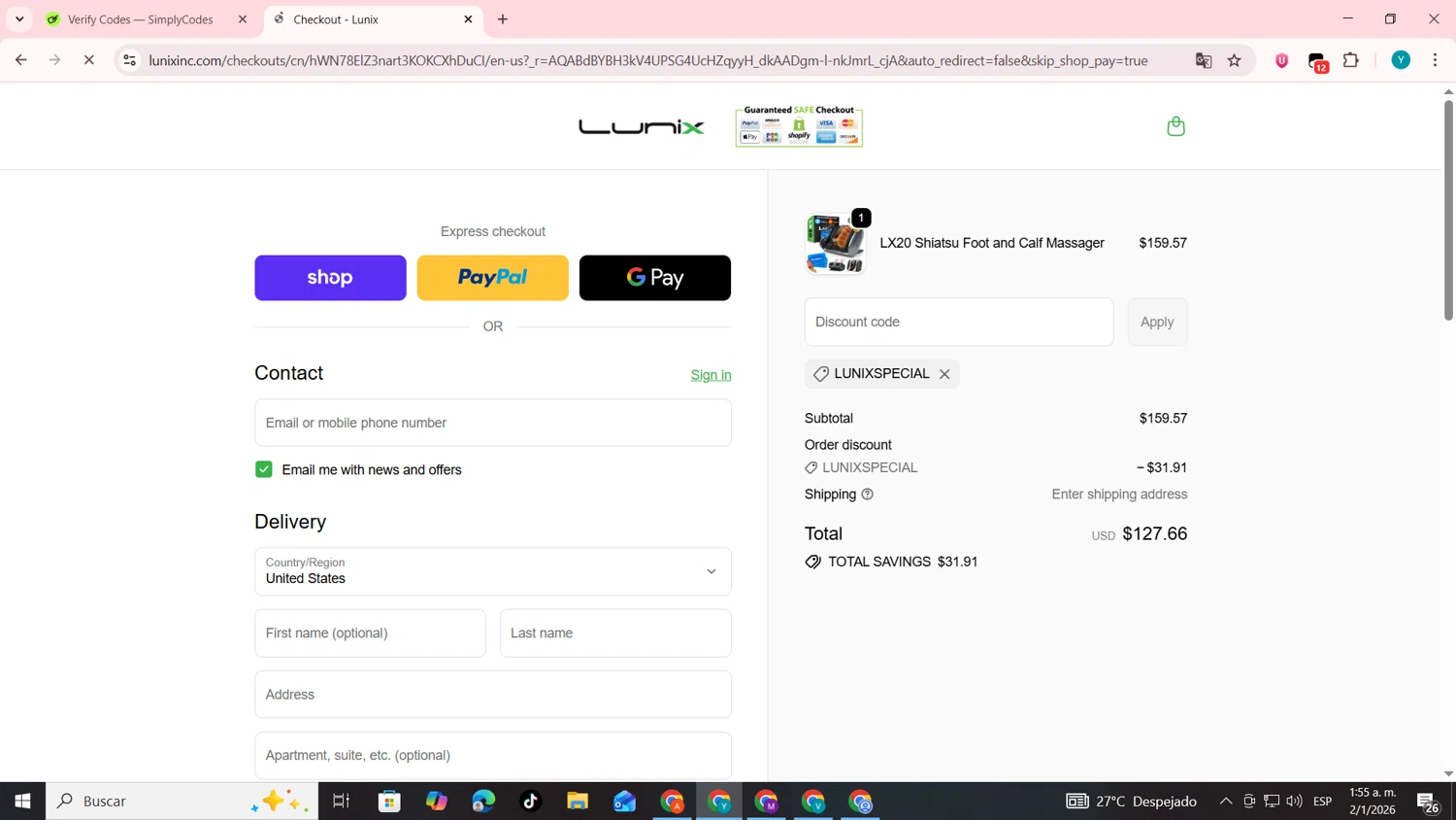 Lunix checkout page showing Lunix discount code box | Screenshot taken by SimplyCodes community member on Jan 2, 2026