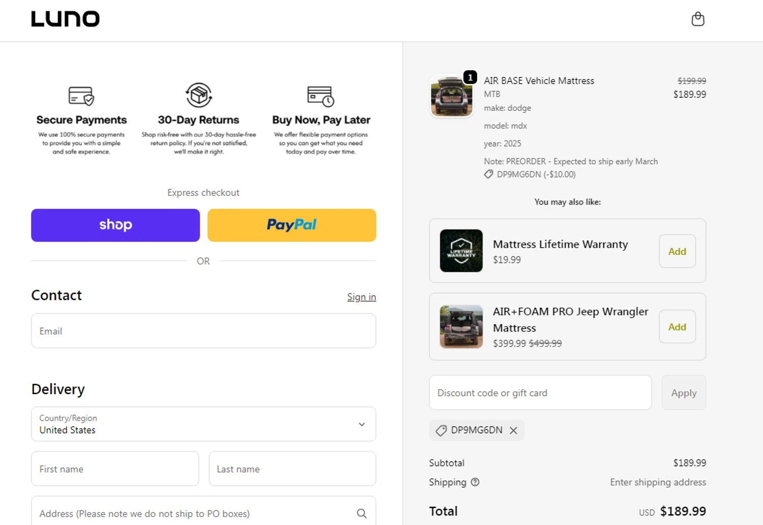 Luno Life promo code screenshot showing code DP9MG6DN applied at Luno Life checkout page. Uploaded by SimplyCodes community member RonaldAcunaJr on Feb 21, 2026