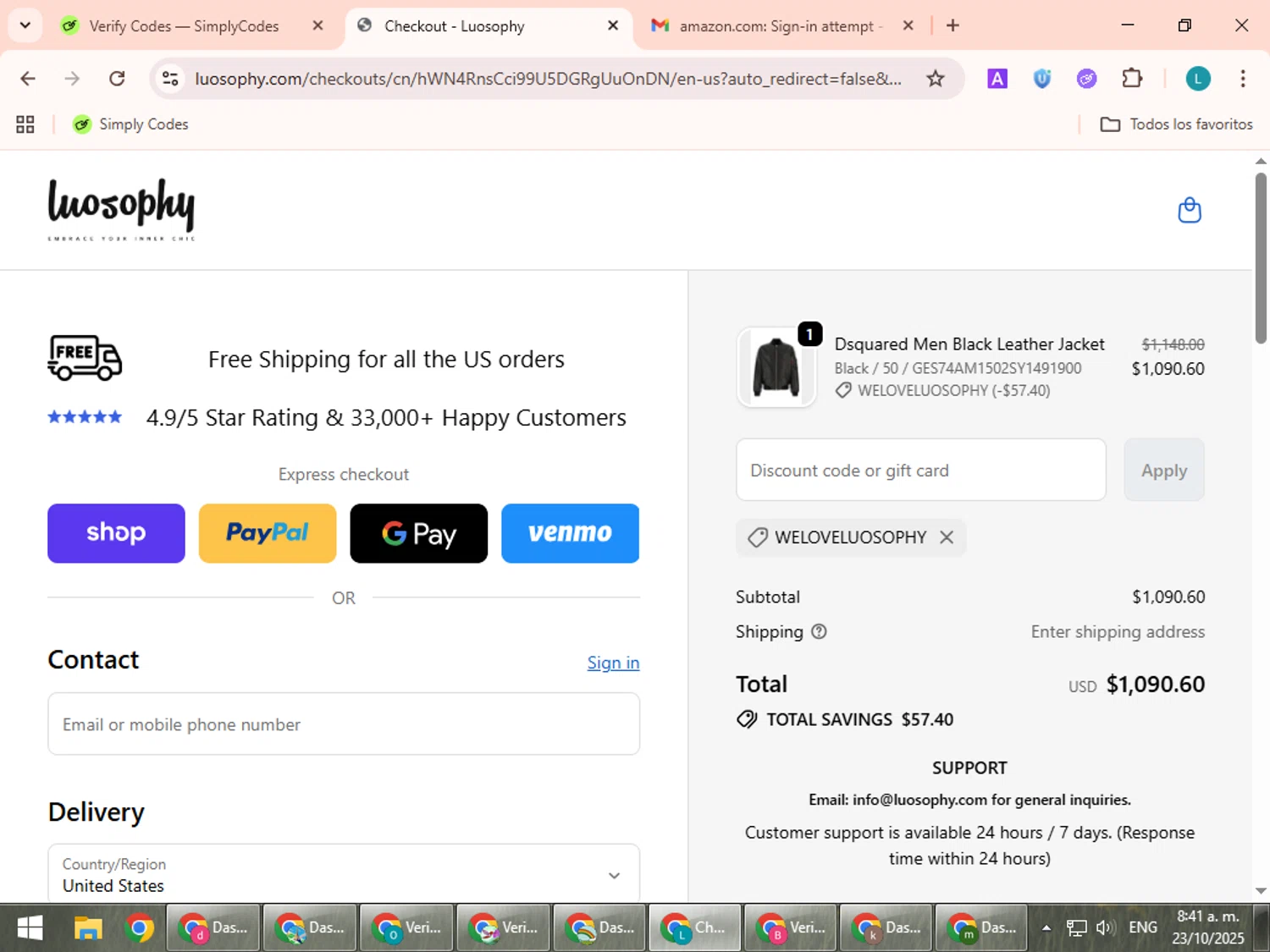 Luosophy promo code screenshot showing code WELOVELUOSOPHY applied at Luosophy checkout page. Uploaded by SimplyCodes community member LuckyLegend792 on Oct 23, 2025