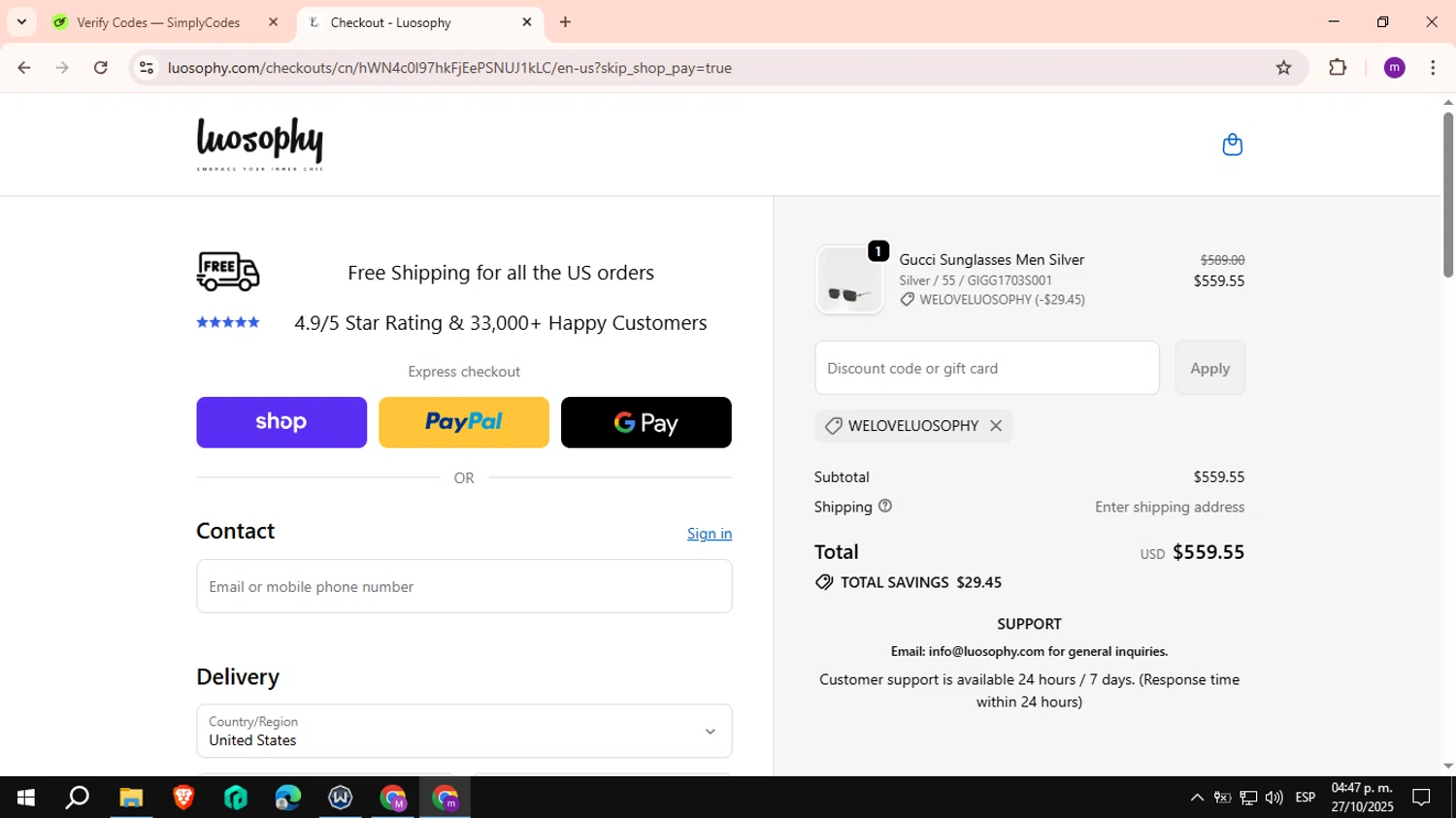 Luosophy promo code screenshot showing code WELOVELUOSOPHY applied at Luosophy checkout page. Uploaded by SimplyCodes community member VictoriousCurator6515 on Oct 27, 2025