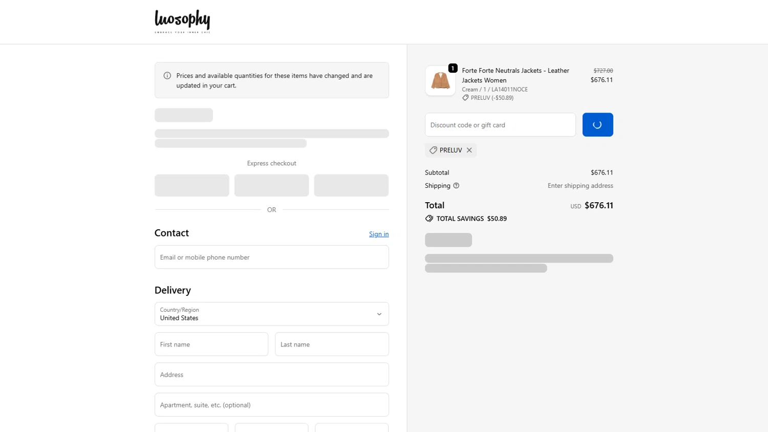 Luosophy promo code screenshot showing code PRELUV applied at Luosophy checkout page. Uploaded by SimplyCodes community member MrsPopo on Oct 11, 2025