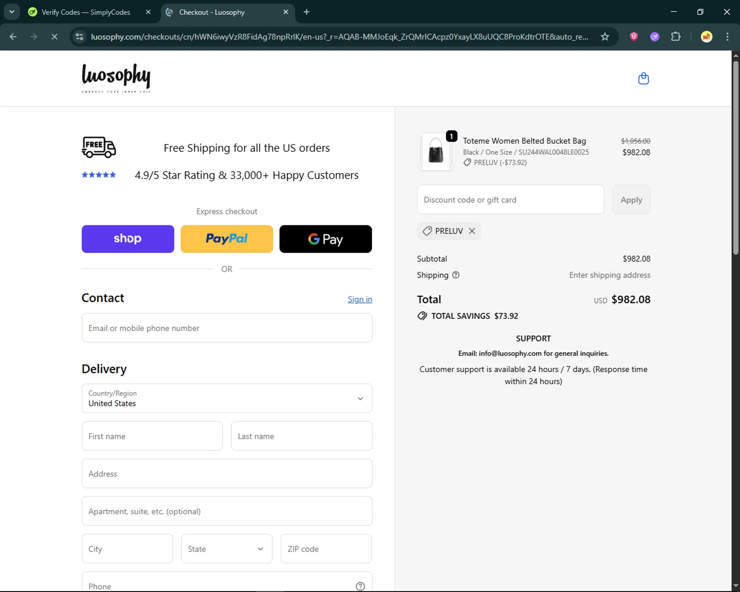 Luosophy promo code screenshot showing code PRELUV applied at Luosophy checkout page. Uploaded by SimplyCodes community member SmartFinder4193 on Dec 22, 2025