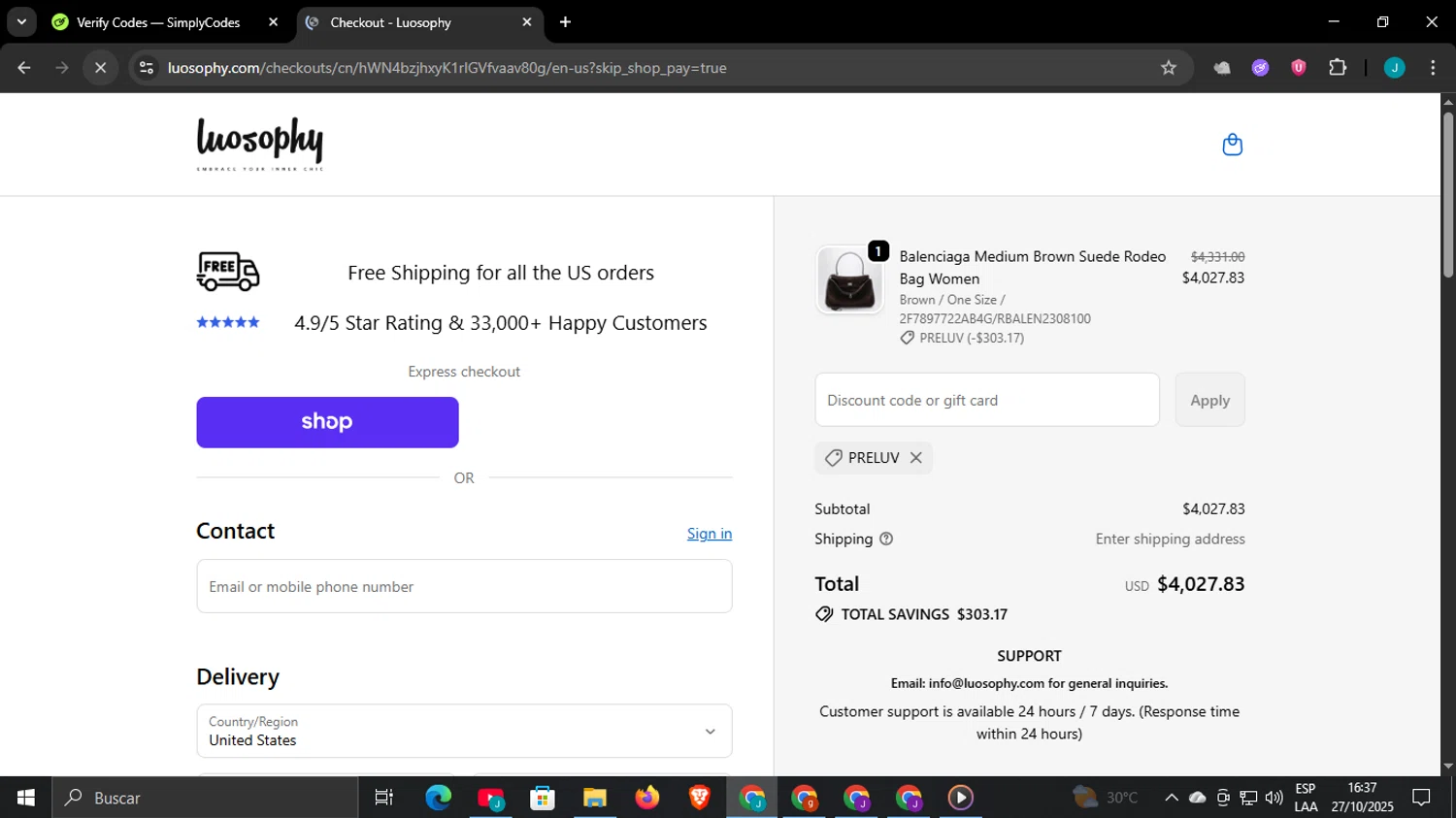 Luosophy promo code screenshot showing code PRELUV applied at Luosophy checkout page. Uploaded by SimplyCodes community member WonderCaptain6926 on Oct 27, 2025