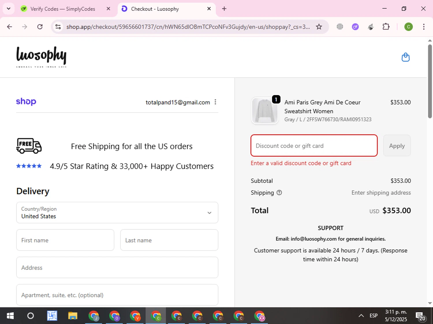 Luosophy promo code screenshot showing code BLACKFRIDAY12 applied at Luosophy checkout page. Uploaded by SimplyCodes community member RoyalKnight4673 on Dec 5, 2025
