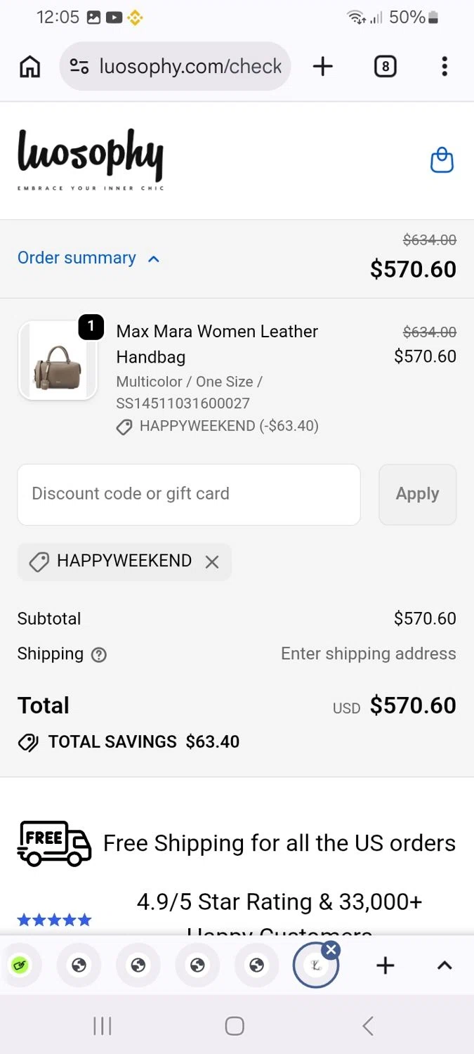 Luosophy promo code screenshot showing code HAPPYWEEKEND applied at Luosophy checkout page. Uploaded by SimplyCodes community member ScanMaverick9378 on Jun 5, 2026