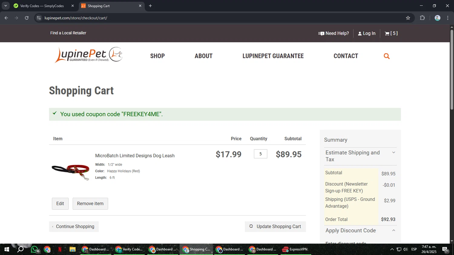 LupinePet promo code screenshot showing code FREEKEY4ME applied at LupinePet checkout page. Uploaded by SimplyCodes community member ShrewdSeeker6165 on Apr 26, 2025