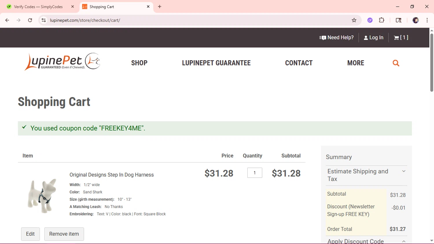 LupinePet promo code screenshot showing code FREEKEY4ME applied at LupinePet checkout page. Uploaded by SimplyCodes community member aSASAS on Nov 12, 2025