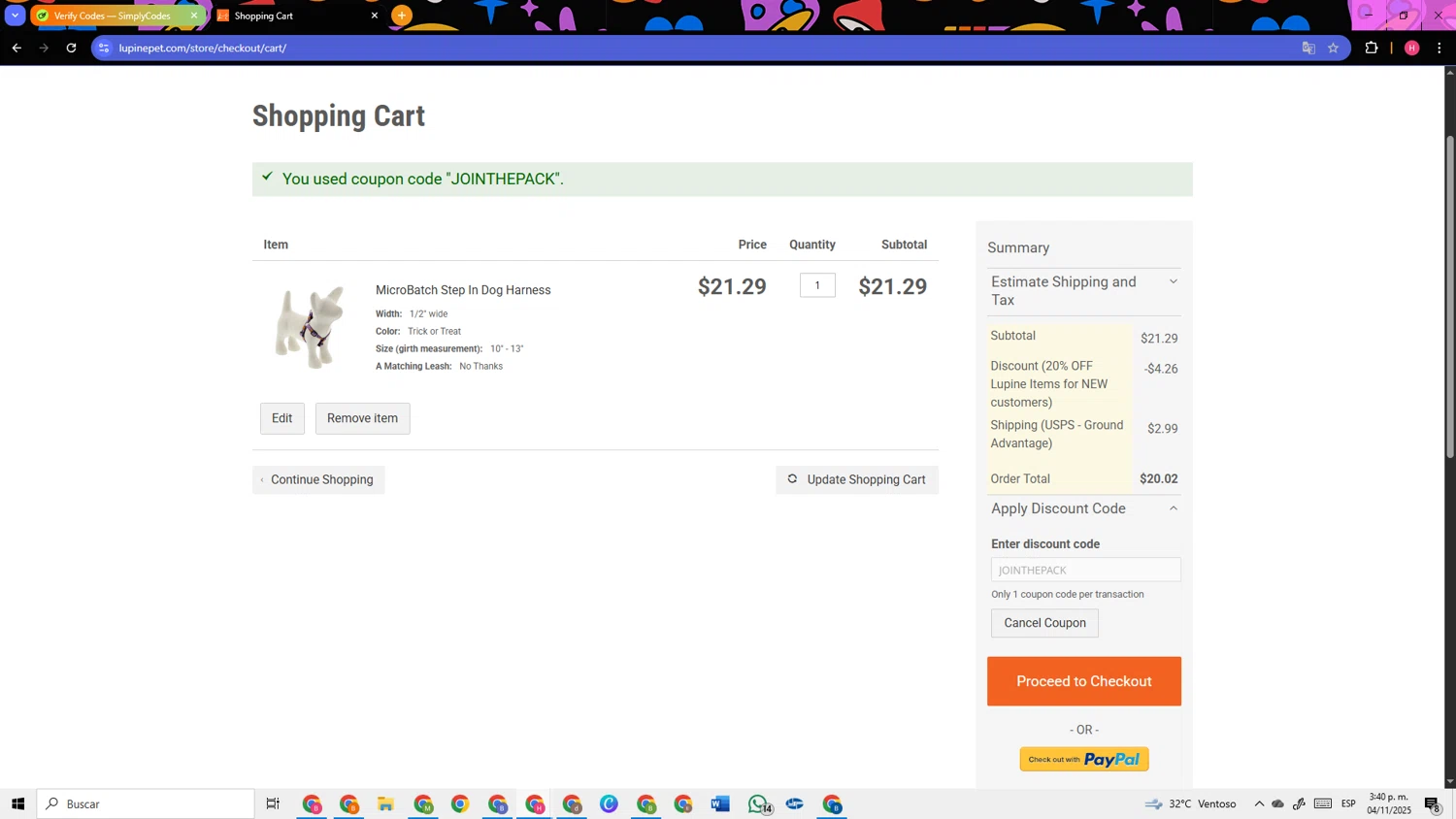 LupinePet promo code screenshot showing code JOINTHEPACK applied at LupinePet checkout page. Uploaded by SimplyCodes community member TokenSleuth5758 on Nov 4, 2025