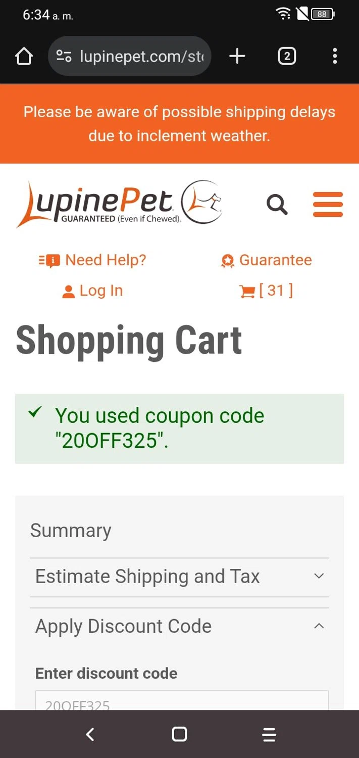 LupinePet promo code screenshot showing code 20OFF325 applied at LupinePet checkout page. Uploaded by SimplyCodes community member RoyalSpotter5217 on Dec 5, 2025