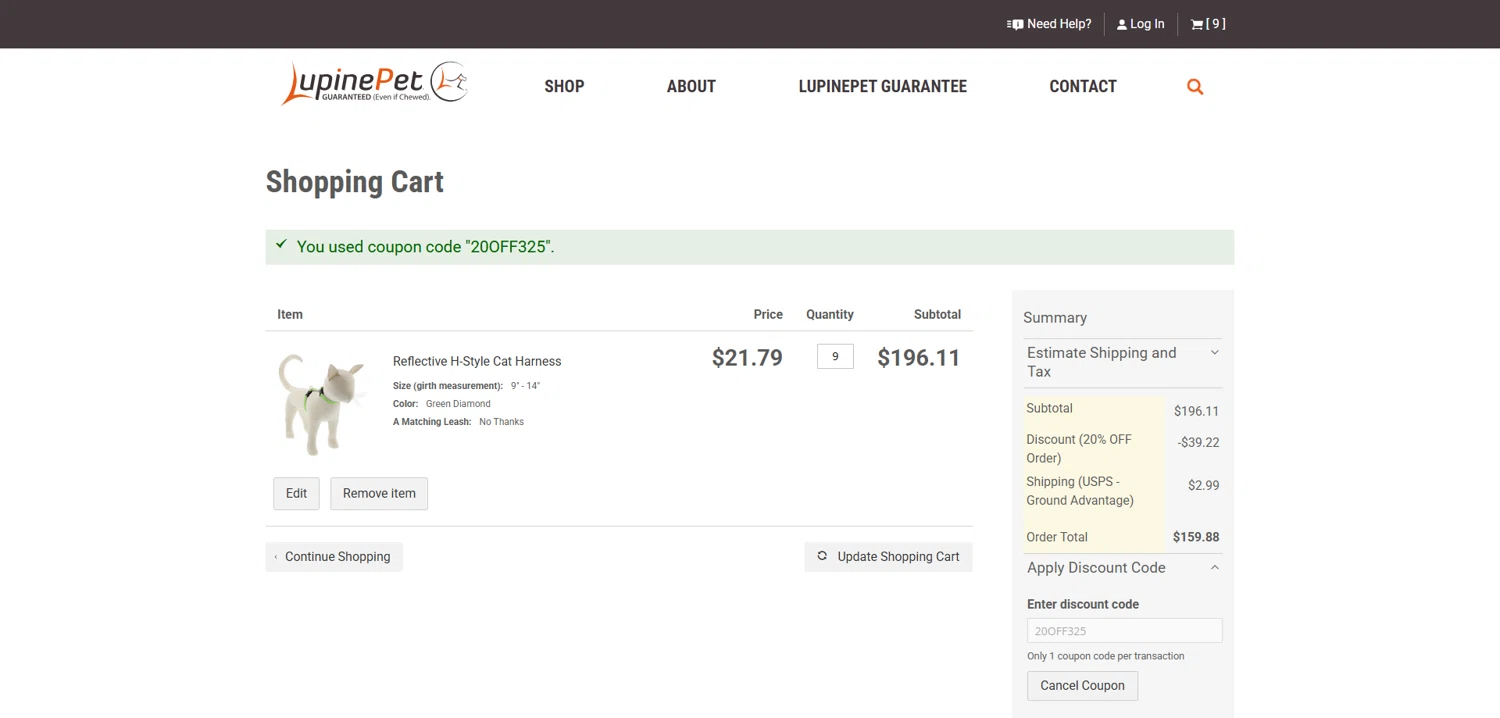 LupinePet promo code screenshot showing code 20OFF325 applied at LupinePet checkout page. Uploaded by SimplyCodes community member Dorothy on Sep 9, 2025