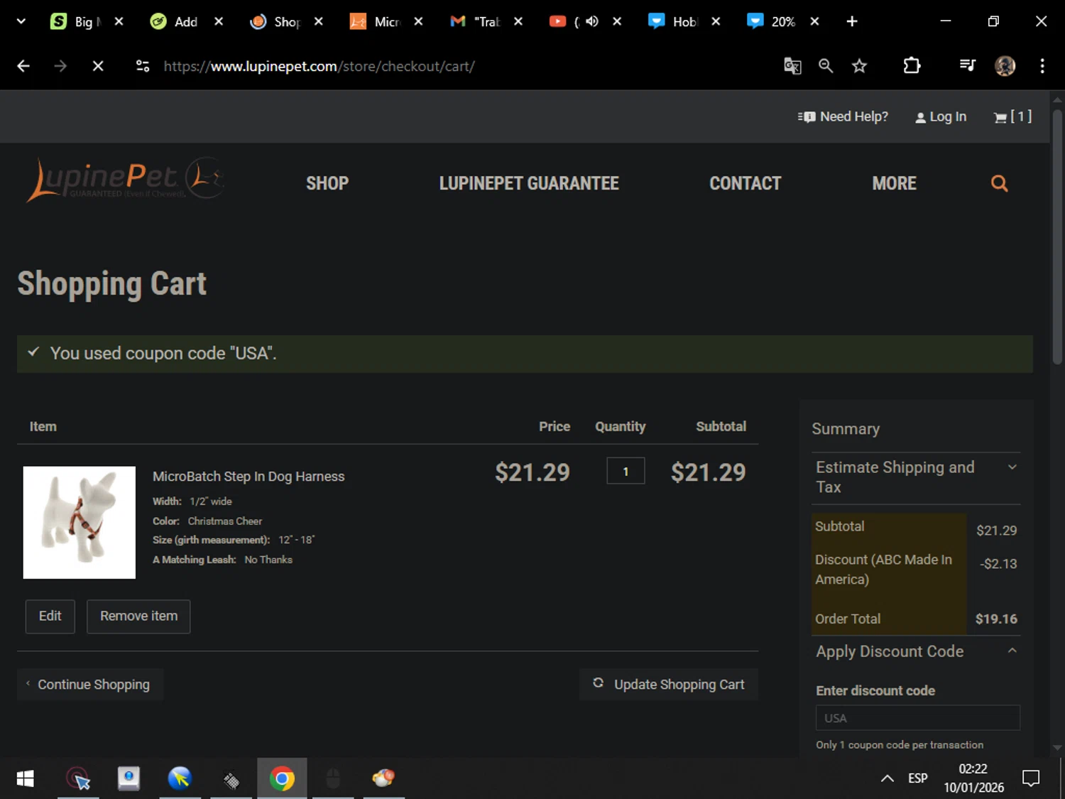 LupinePet promo code screenshot showing code USA applied at LupinePet checkout page. Uploaded by SimplyCodes community member MarcosAranguren on Jan 10, 2026