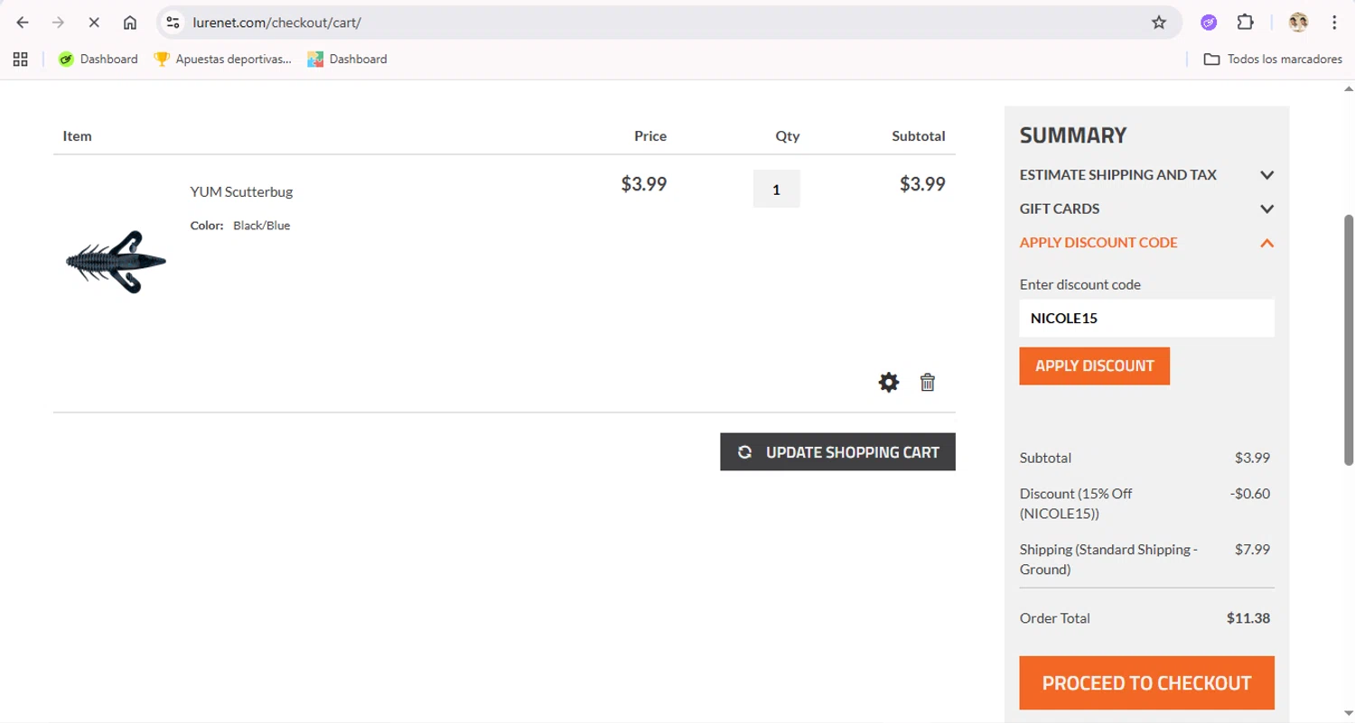 Lurenet Fishing Headquarters promo code screenshot showing code NICOLE15 applied at Lurenet Fishing Headquarters checkout page. Uploaded by SimplyCodes community member LegendaryTitan9160 on Oct 23, 2025