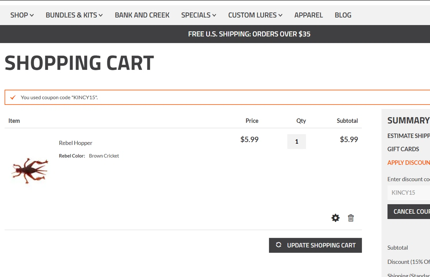 Lurenet Fishing Headquarters promo code screenshot showing code KINCY15 applied at Lurenet Fishing Headquarters checkout page. Uploaded by SimplyCodes community member SucreX on May 22, 2025