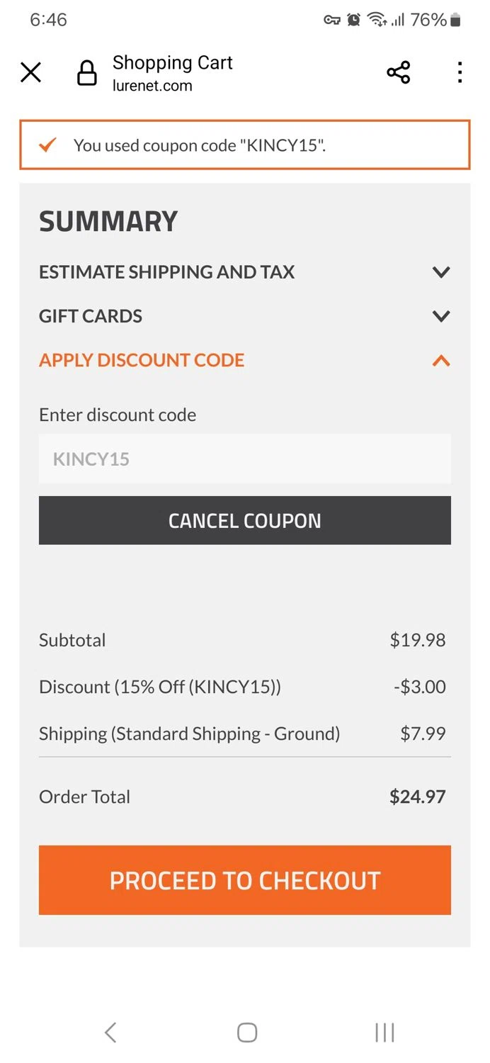 Lurenet Fishing Headquarters promo code screenshot showing code KINCY15 applied at Lurenet Fishing Headquarters checkout page. Uploaded by SimplyCodes community member TULA515 on Apr 23, 2025