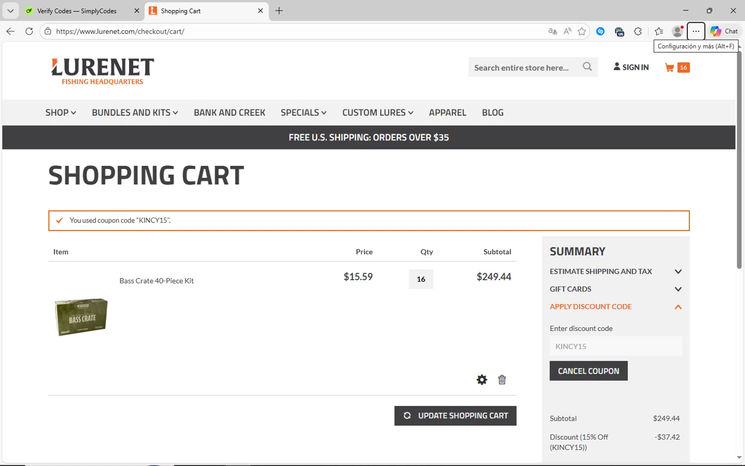 Lurenet Fishing Headquarters promo code screenshot showing code KINCY15 applied at Lurenet Fishing Headquarters checkout page. Uploaded by SimplyCodes community member jhoanDepp on Dec 8, 2025