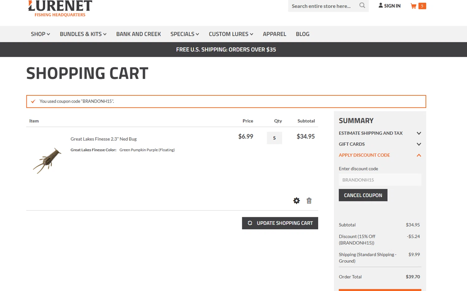 Lurenet Fishing Headquarters promo code screenshot showing code BRANDONH15 applied at Lurenet Fishing Headquarters checkout page. Uploaded by SimplyCodes community member Kmacho on Mar 25, 2025